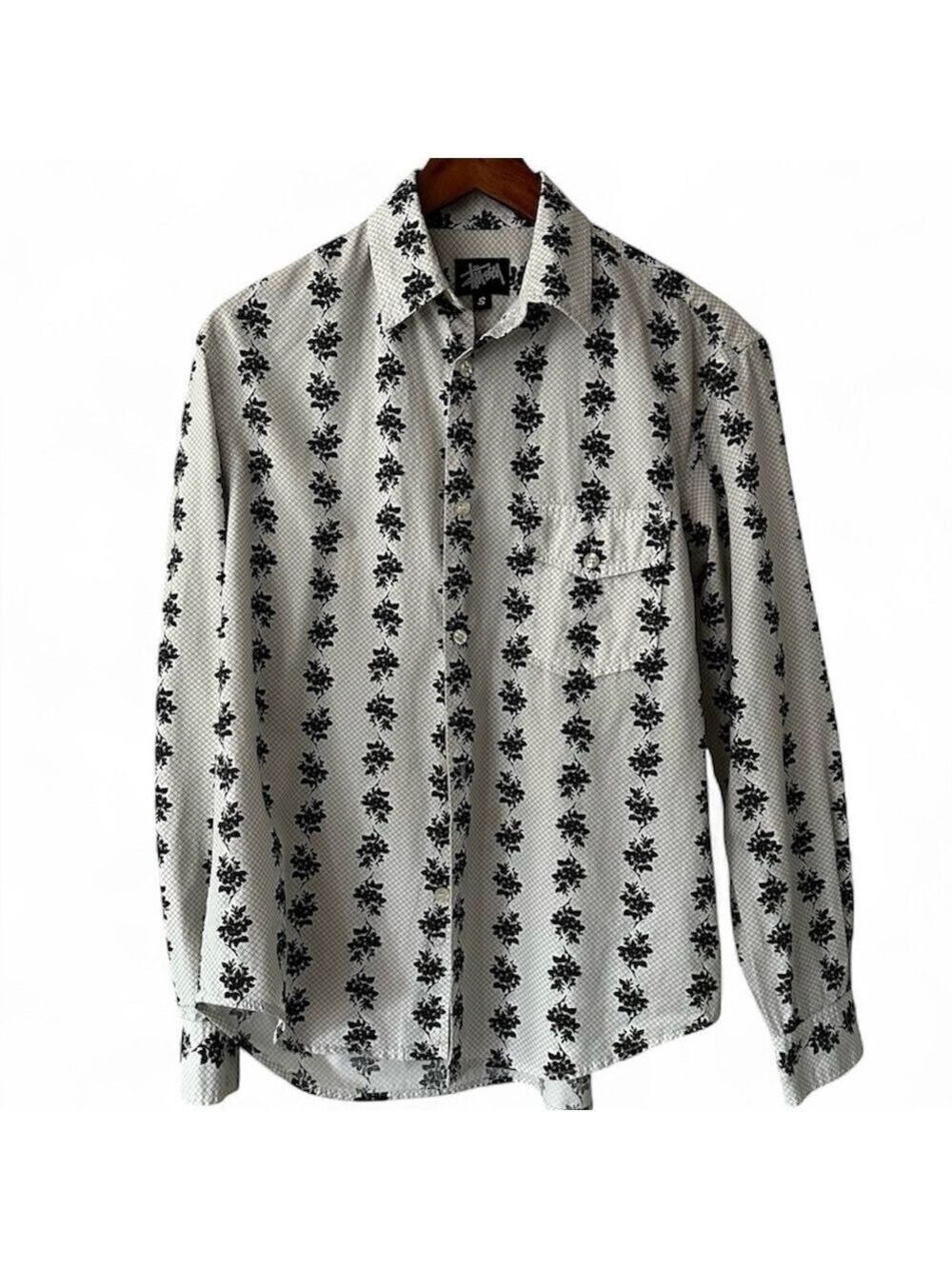 VTG Stüssy White & Black Patterned Button Down Long Sleeve Shirt sz small